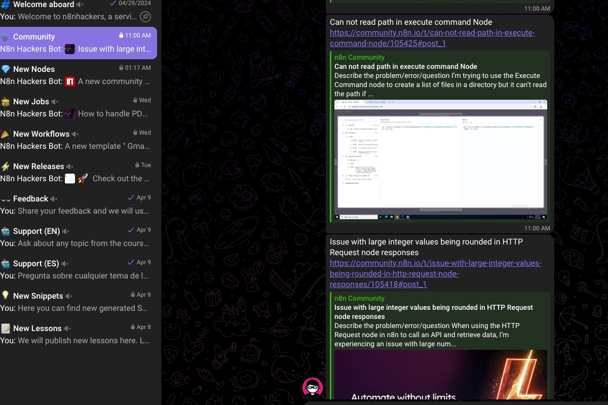 Rejoignez le groupe Telegram n8nhackers et améliorez votre expérience n8n !